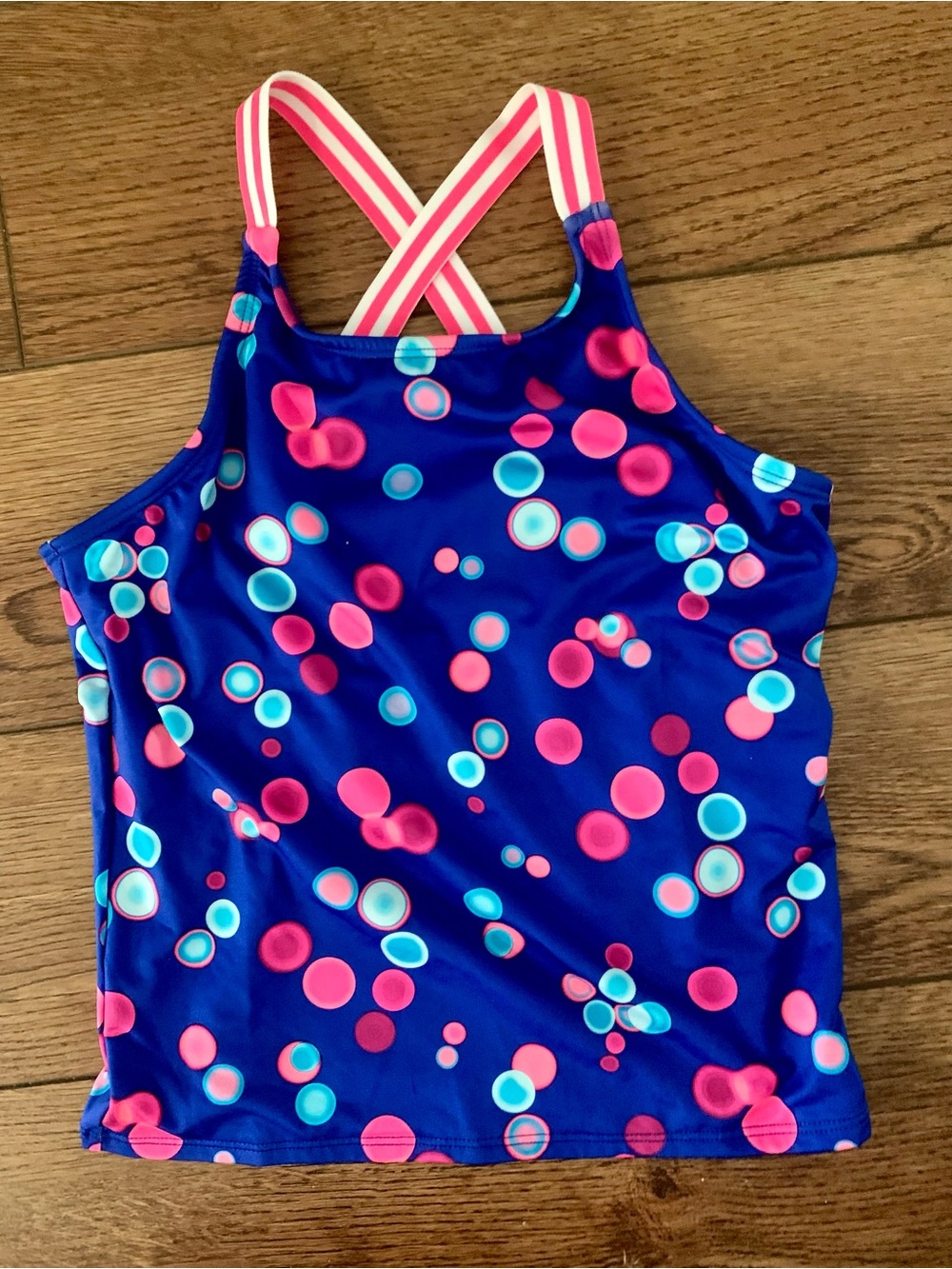 Lands End Girls Blue Polka Dot Swim Tank with Pink Straps 12 Girls